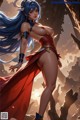 A woman in a red and blue outfit is standing in front of a cave.