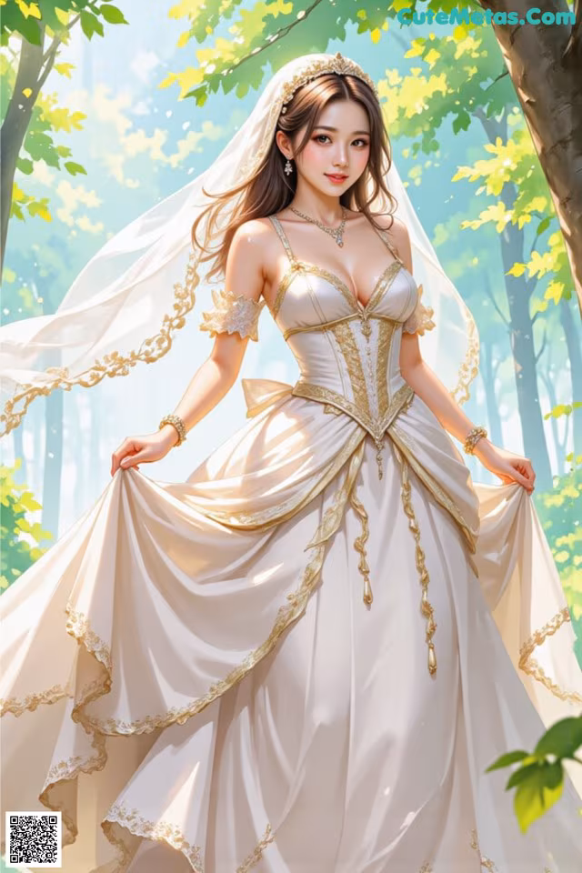 A woman in a wedding dress standing in the woods.