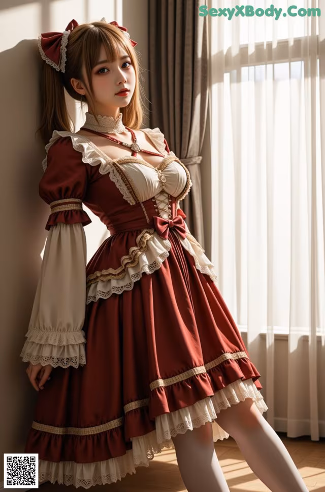 A woman in a red and white dress leaning against a wall.