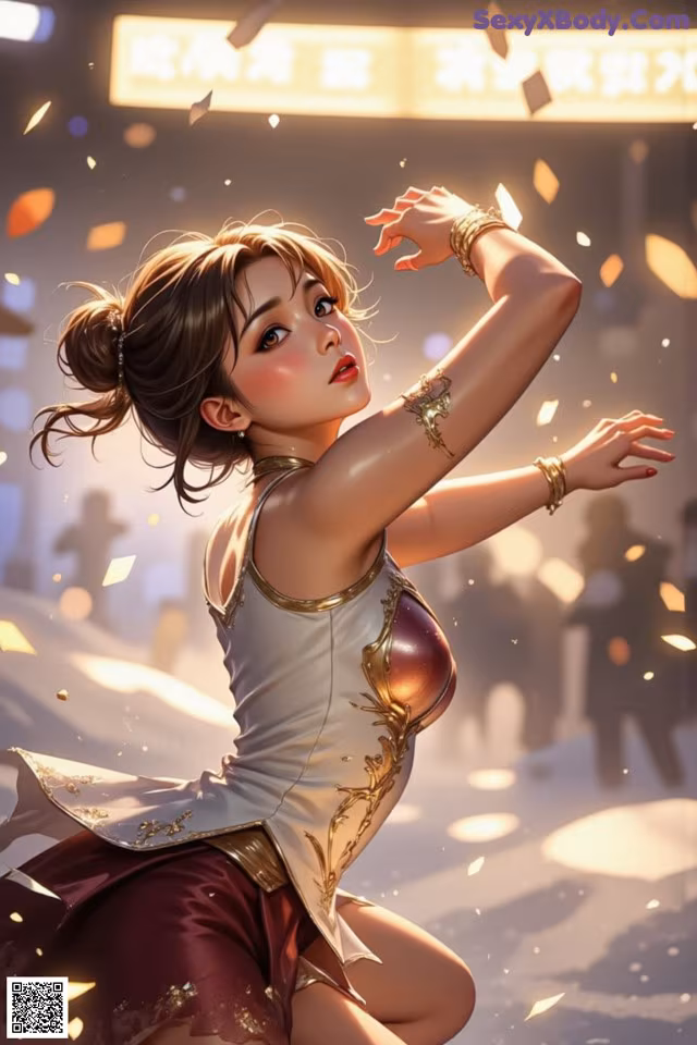 A woman in a white top and maroon skirt dancing in the street.
