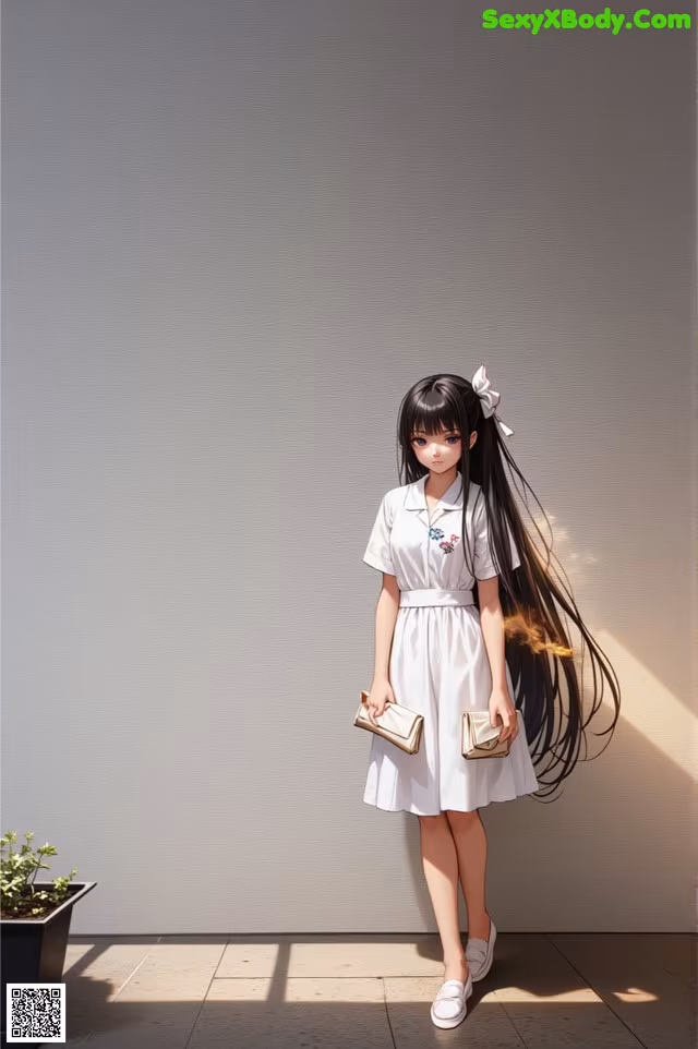 A girl with long black hair standing in front of a wall.