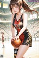 A woman holding a basketball on a basketball court.