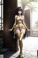 A woman in a gold outfit standing in front of a door.