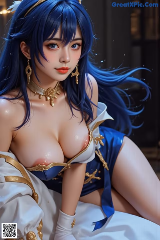 A woman with long blue hair sitting on a bed.