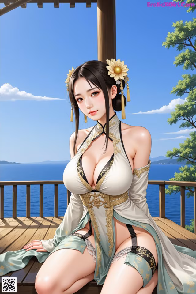 A woman in a white and green dress sitting on a wooden deck.