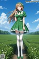 A girl in a green dress standing in a field of flowers.