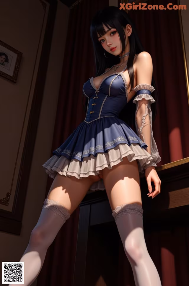 A woman in a blue dress and stockings posing for a picture.