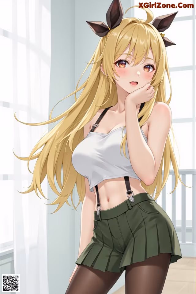 A girl with long blonde hair wearing a white top and green skirt.