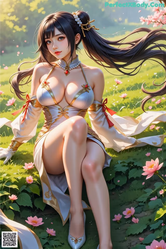 A woman in a white dress sitting in a field of flowers.