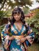 A woman in a blue and orange kimono posing for a picture.