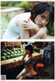 A woman sitting on a stool in front of a fruit stand.