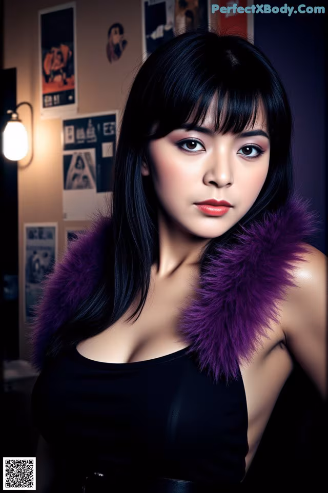 A woman in a black dress with a purple fur collar.
